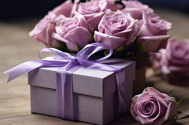A purple gift box amongst pink roses